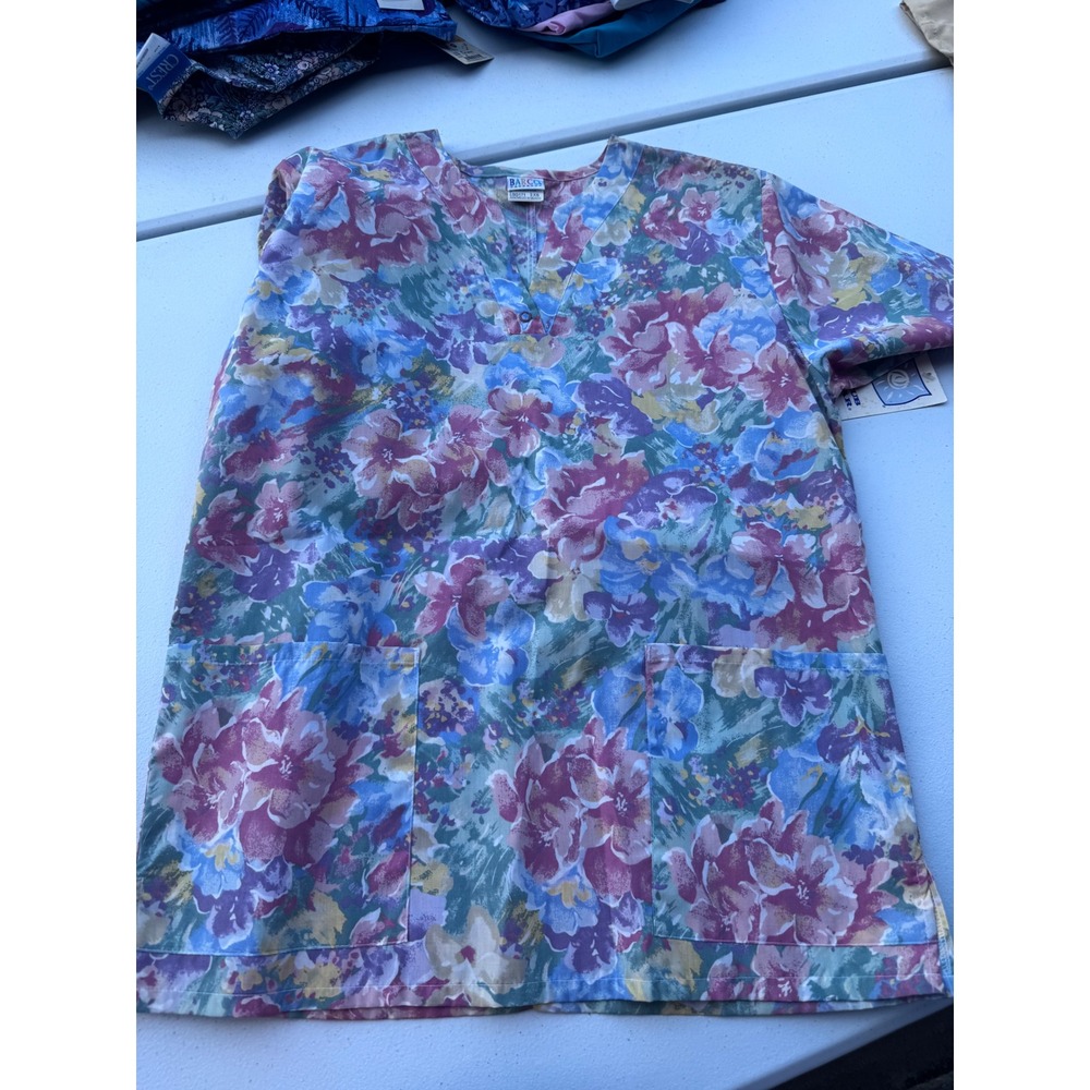 Barco SG171 Floral Scrub Top V-Neck Short Sleeve Medical Uniform Purple Pink XS